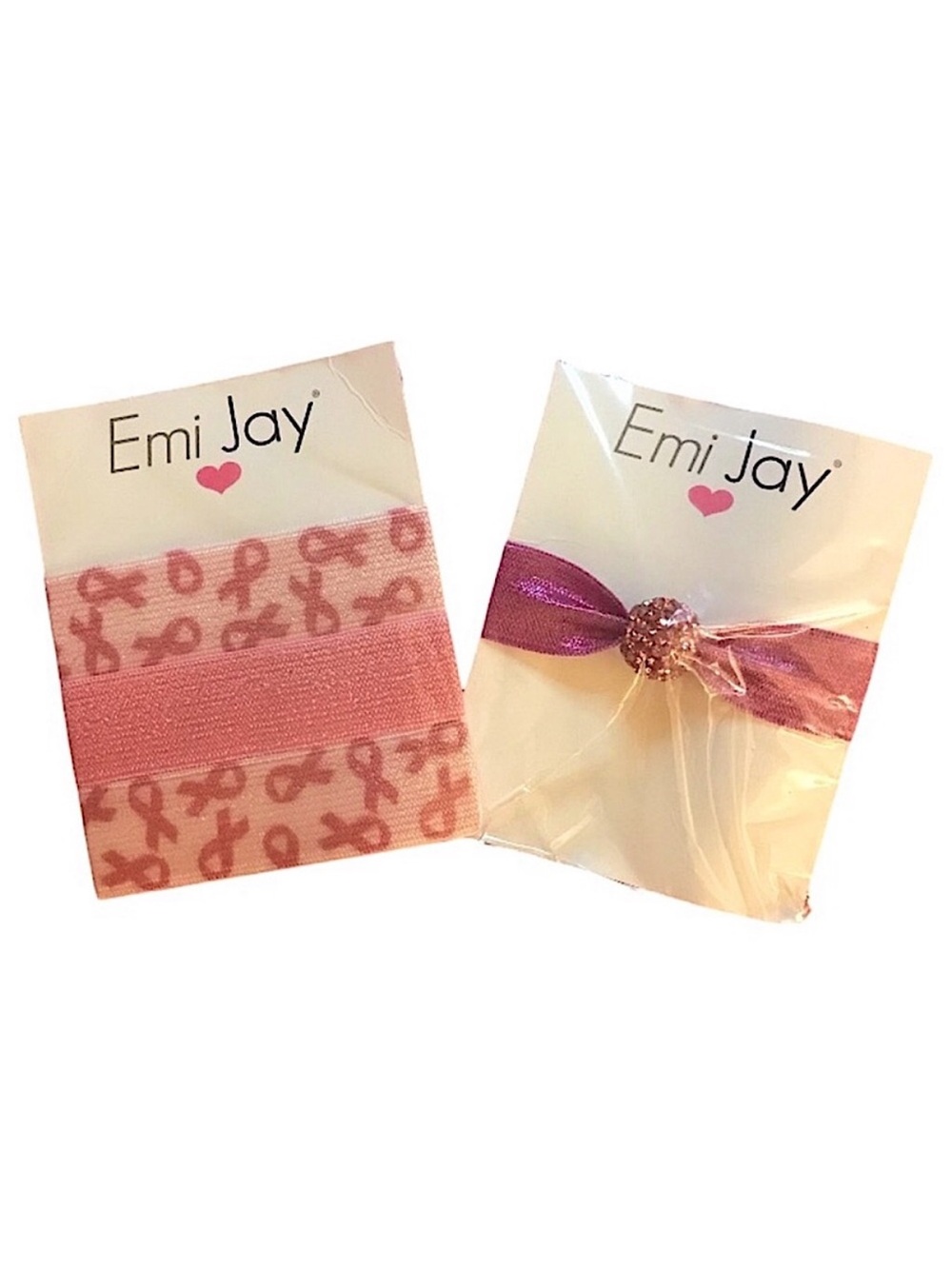 Emi Jay Hair Tie Duo - Pink Ribbon 3-Pack Hair Ties & Pink Crystal Bead Hair Tie